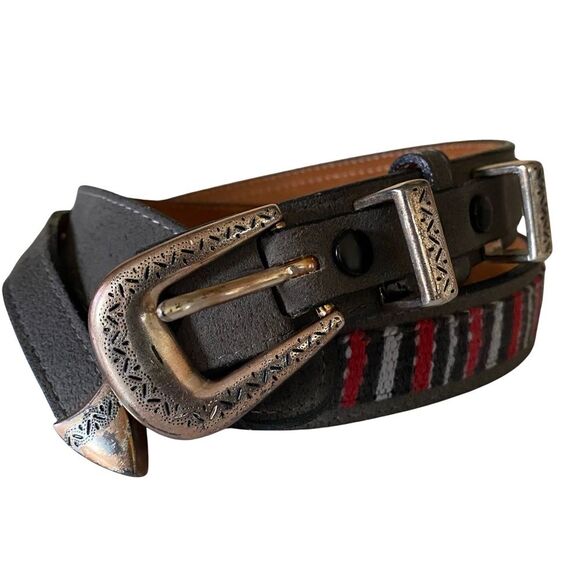 Vintage Western Brushed Leather And Textile Belt Gray Size 34 - Picture 1 of 9
